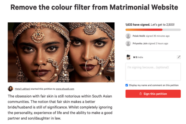 shaadi.com colourism in india petition