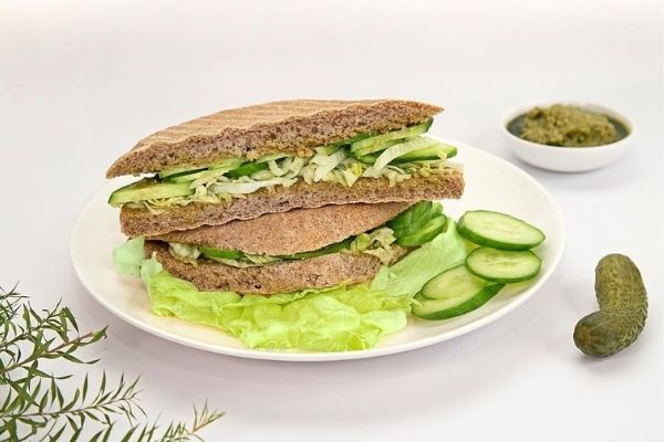 A vegan cucumber and lettuce sandwich