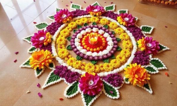 onam rangoli with flowers